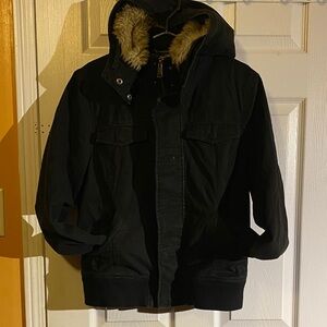 TNA Black Puffer Jacket with Faux Fur Hood